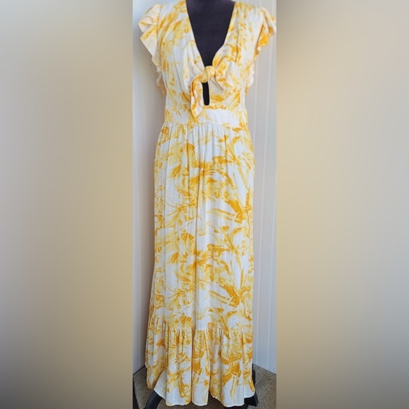 Express Women size Large Flutter Sleeve Tie Front Midi Linen Dress Yellow Gold - Picture 8 of 15
